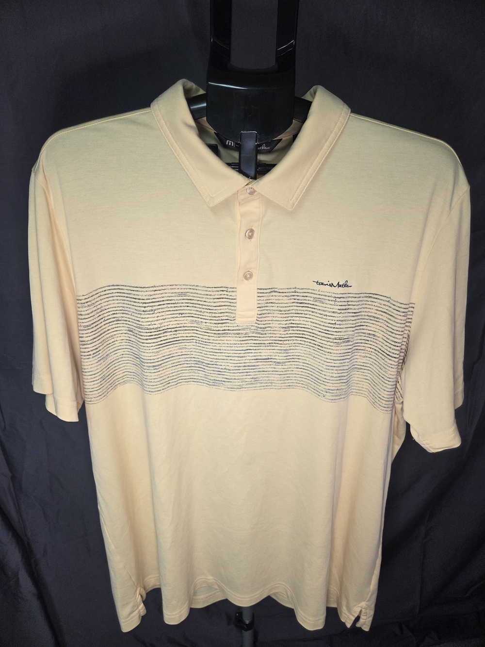 TravisMathew Men's Beige Blue Striped Collared Short Sleeve